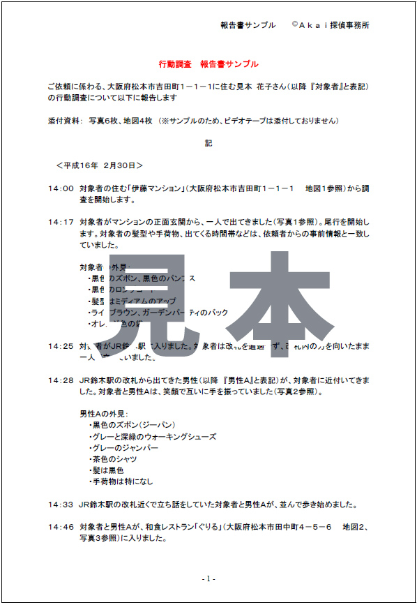 浮気調査の見本報告書